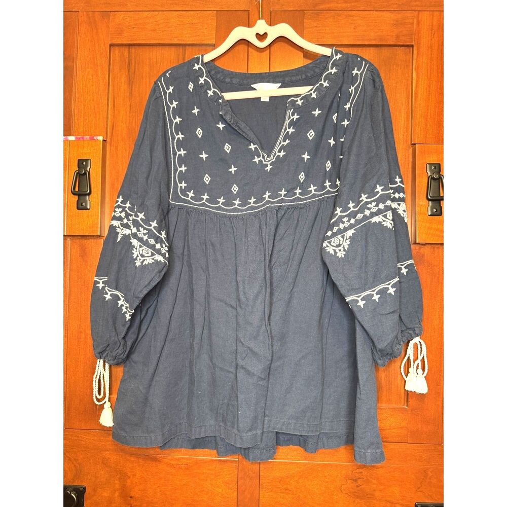 Time and Tru Navy Blue Peasant Blouse Embroidered Tassel Sleeve Boho Size XL